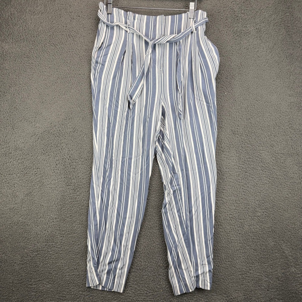 LOFT Womens Blue White Striped Paperbag‎ Waist Tie Tapered Pants Size Medium